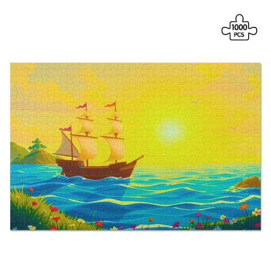 Lone Ship at Sunset (1000 pieces) Wooden Jigsaw Puzzle (1000 Pcs)