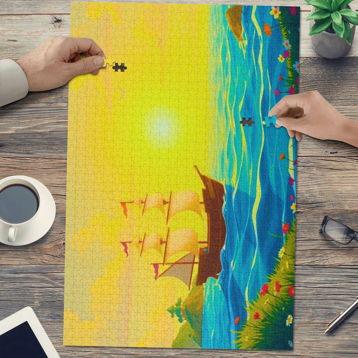 Lone Ship at Sunset (1000 pieces) Wooden Jigsaw Puzzle (1000 Pcs)