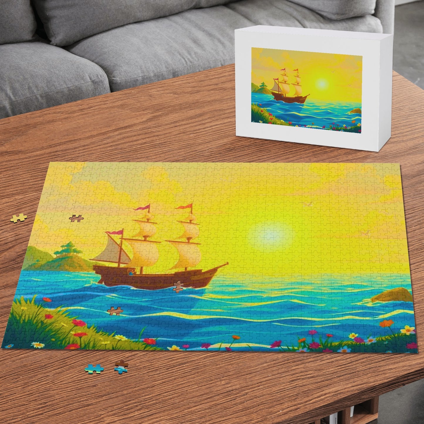 Lone Ship at Sunset (1000 pieces) Wooden Jigsaw Puzzle (1000 Pcs)