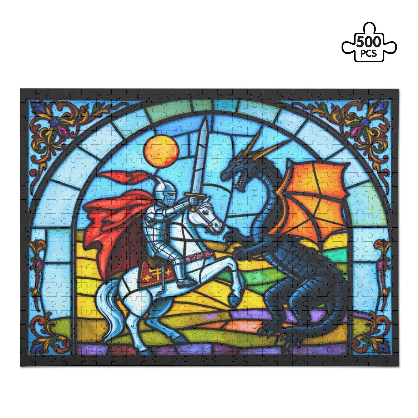 The Dragon Slayer - Knight Slays Evil! (500 pieces) Stained-glass Wooden Jigsaw Puzzle (500 Pcs)