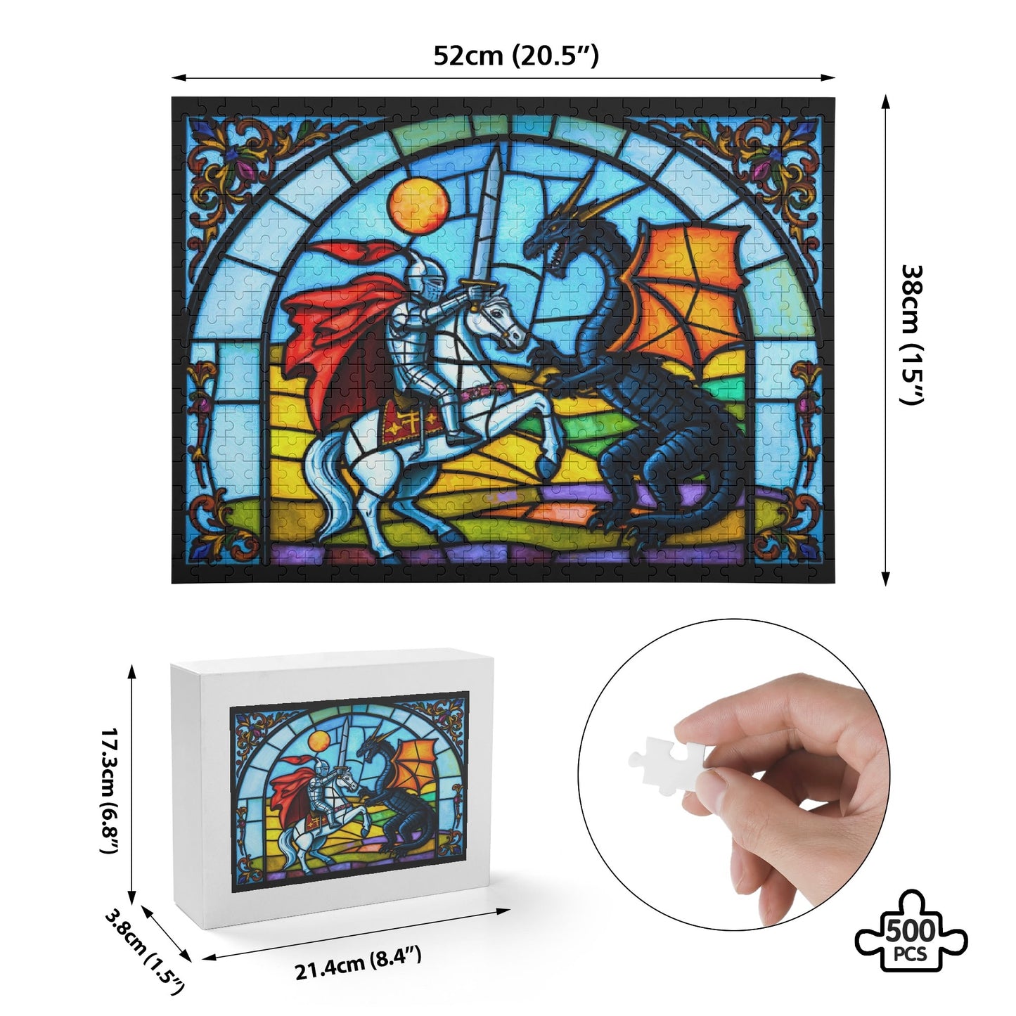 The Dragon Slayer - Knight Slays Evil! (500 pieces) Stained-glass Wooden Jigsaw Puzzle (500 Pcs)